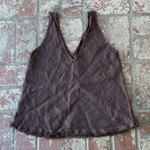 100% Linen Venti6 Brown Tank Top Fringe Hem Sleeveless V-Neck Size S